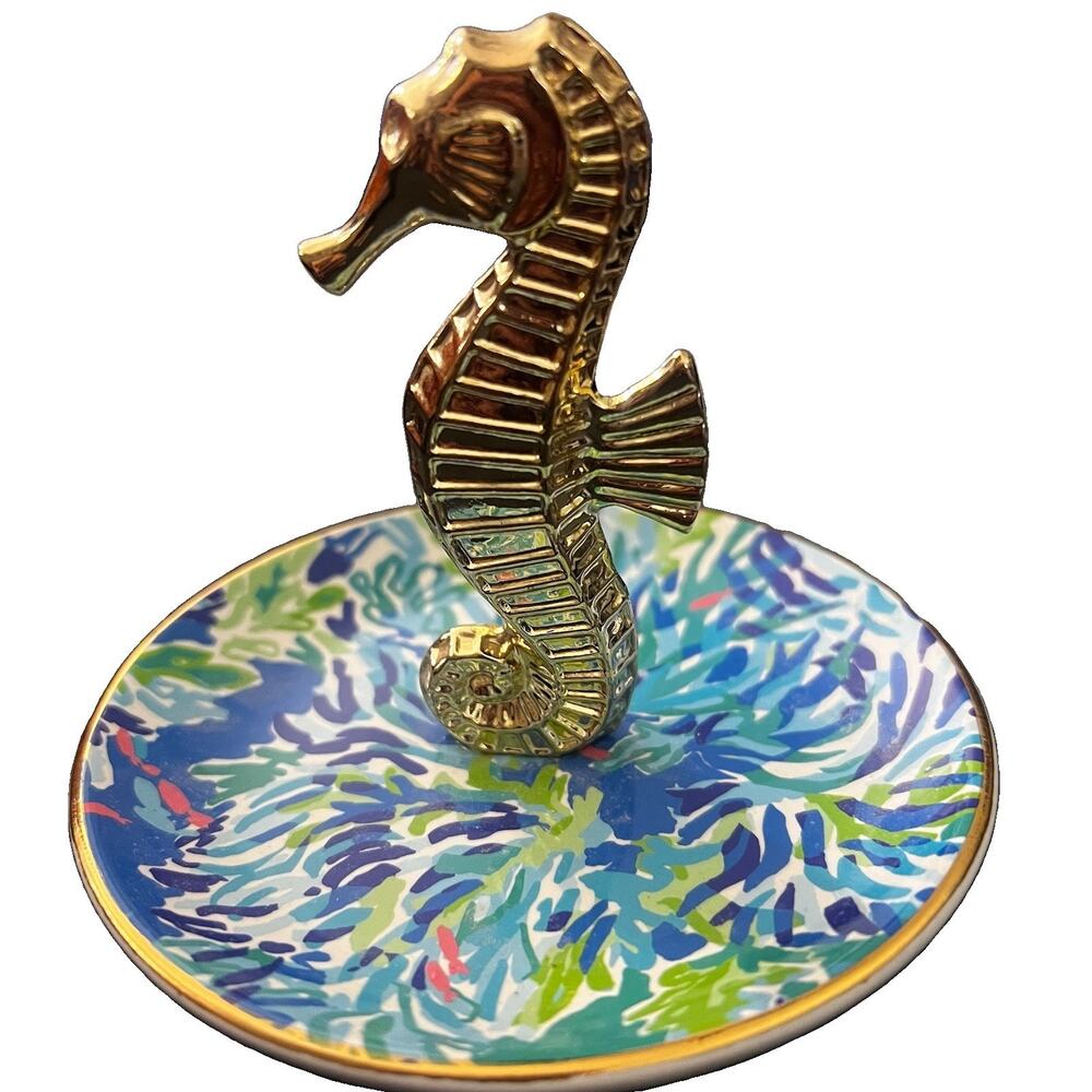 Lilly Pulitzer Ring Holder, Wade And Sea Jewelry Trinket Dish With Gold Seahorse